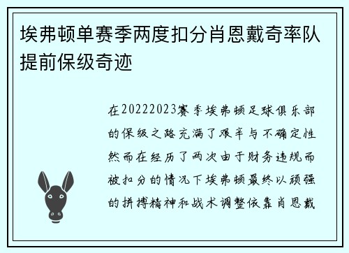 埃弗顿单赛季两度扣分肖恩戴奇率队提前保级奇迹